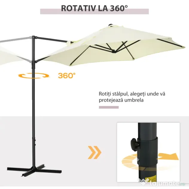 Outsunny Umbrelă de Grădină cu Rotație la 360°, Braț cu Bază în Cruce și Orificiu de Ventilație, Ø256x245 cm, Bej | Aosom Romania