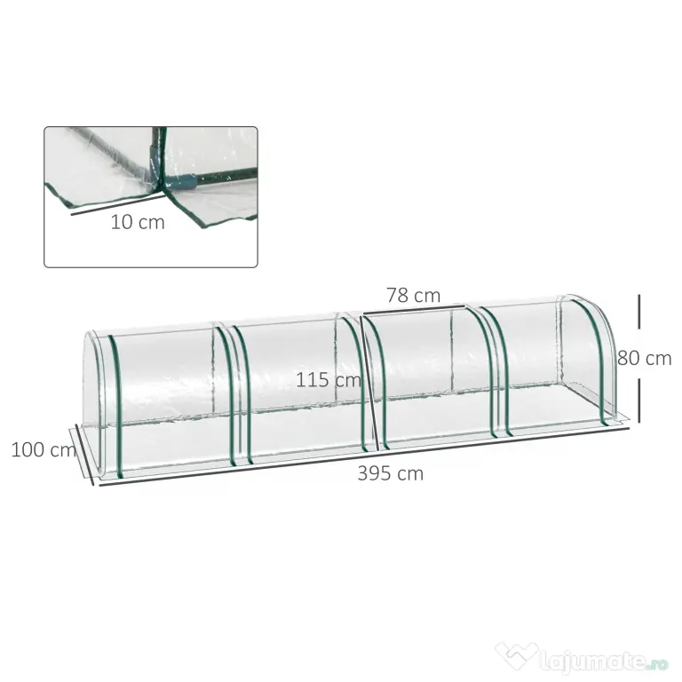 Sera tip tunel Outsunny din otel si folie PVC impermeabila si anti-UV, verde inchis/transparenta 395x100x80cm | Aosom Romania