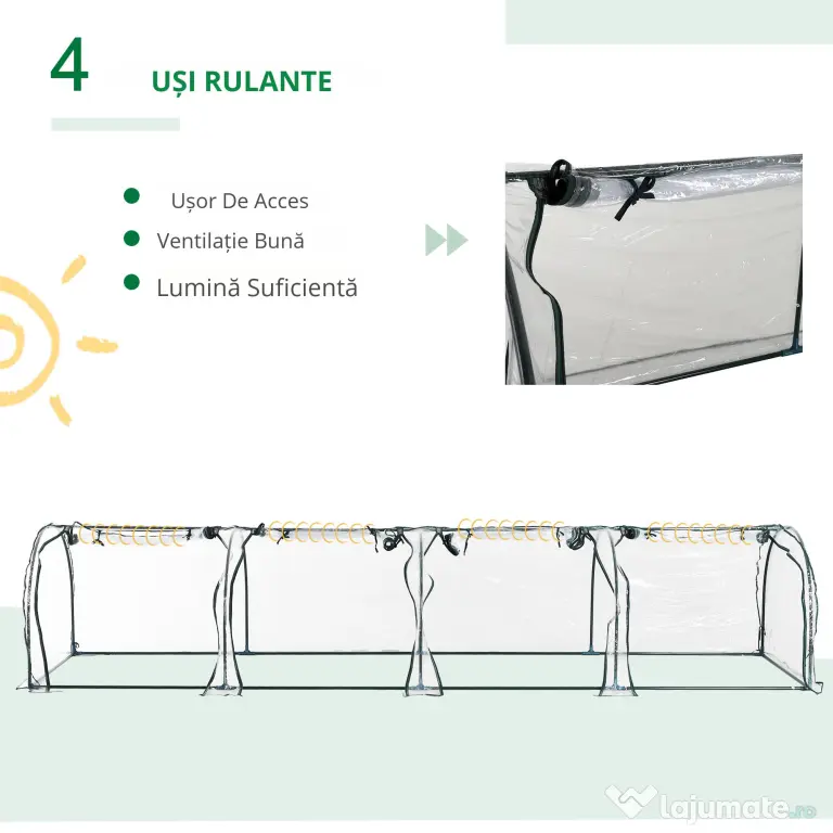 Sera tip tunel Outsunny din otel si folie PVC impermeabila si anti-UV, verde inchis/transparenta 395x100x80cm | Aosom Romania