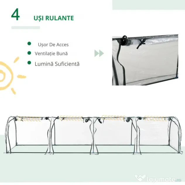 Sera tip tunel Outsunny din otel si folie PVC impermeabila si anti-UV, verde inchis/transparenta 395x100x80cm | Aosom Romania