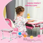 HOMCOM Set Masă și Scaun pentru Copii Reglabilă pe Înălțime, cu Blat Înclinabil 45°, 66x47x52-77 cm, Roz | Aosom Romania 