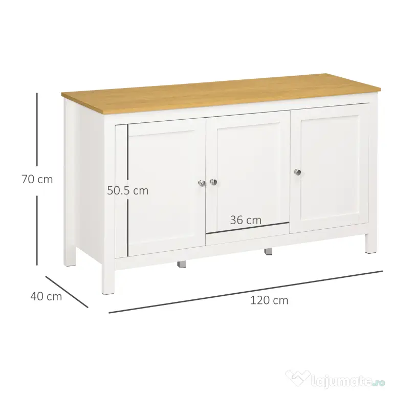 HOMCOM Credență de Bucătărie cu 3 Uși, Mobilier Modern de Bucătărie cu Raft Reglabil, Credență Tip Bufet pentru Sufragerie, Sala de Mese și Salon, 120x40x70 cm, Alb și Culoare Lemn | Aosom Romania