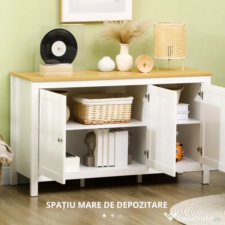 HOMCOM Credență de Bucătărie cu 3 Uși, Mobilier Modern de Bucătărie cu Raft Reglabil, Credență Tip Bufet pentru Sufragerie, Sala de Mese și Salon, 120x40x70 cm, Alb și Culoare Lemn | Aosom Romania