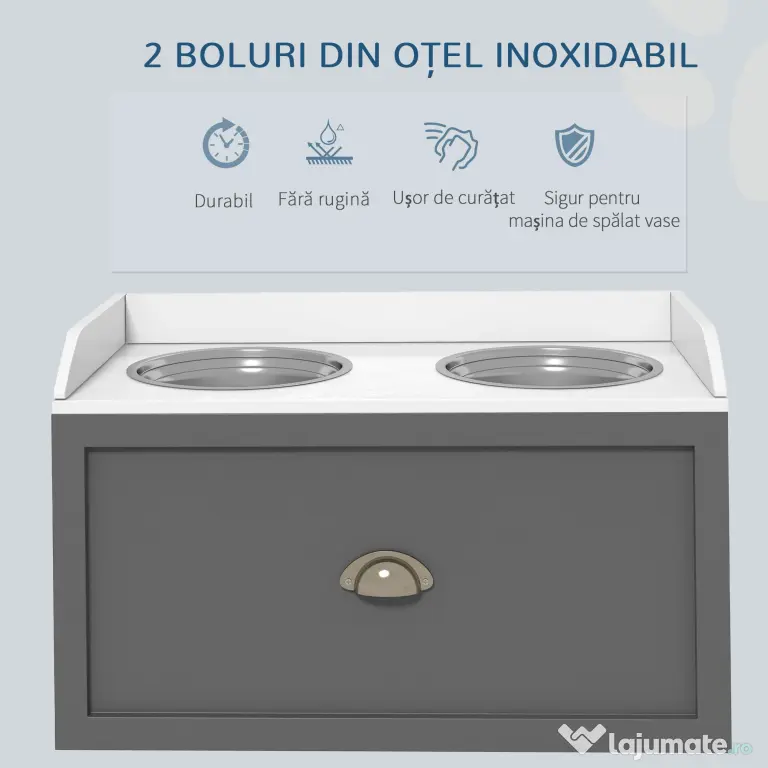 PawHut Boluri Înălțate pentru Câini din Oțel Inoxidabil și Lemn cu Sertar, 60x30x36 cm, Gri | Aosom Romania