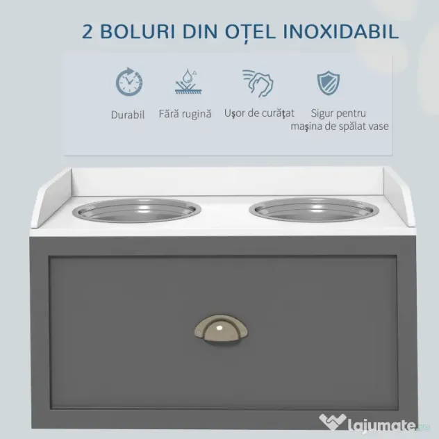 PawHut Boluri Înălțate pentru Câini din Oțel Inoxidabil și Lemn cu Sertar, 60x30x36 cm, Gri | Aosom Romania