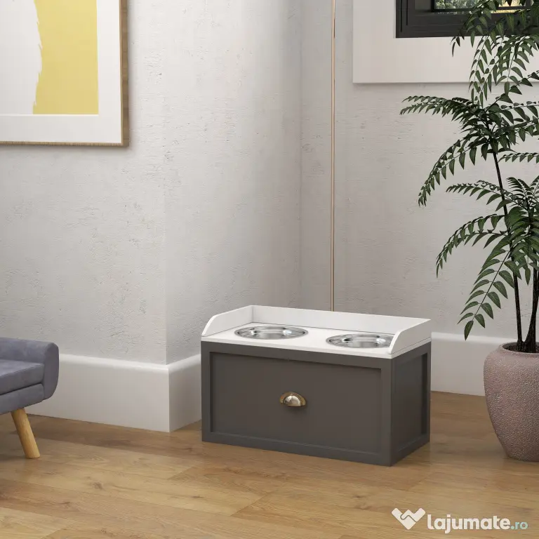 PawHut Boluri Înălțate pentru Câini din Oțel Inoxidabil și Lemn cu Sertar, 60x30x36 cm, Gri | Aosom Romania