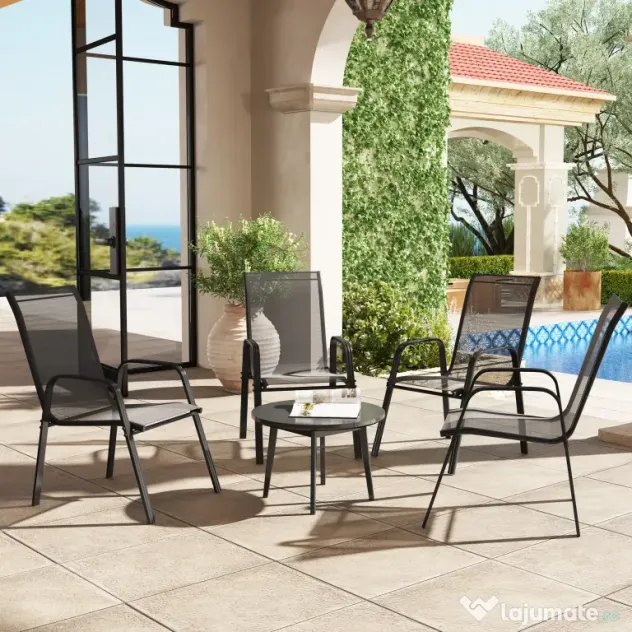 Outsunny Set 6 Piese Scaune de Gradina cu Cotiere, Scaune de Exterior Stivuibile din Metal si Tesatura Respirabila, Maro | Aosom Romania