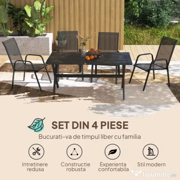 Outsunny Set 6 Piese Scaune de Gradina cu Cotiere, Scaune de Exterior Stivuibile din Metal si Tesatura Respirabila, Maro | Aosom Romania