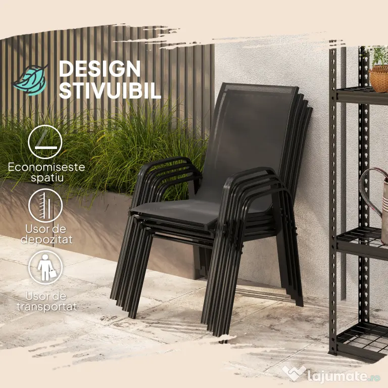 Outsunny Set 6 Piese Scaune de Gradina cu Cotiere, Scaune de Exterior Stivuibile din Metal si Tesatura Respirabila, Maro | Aosom Romania