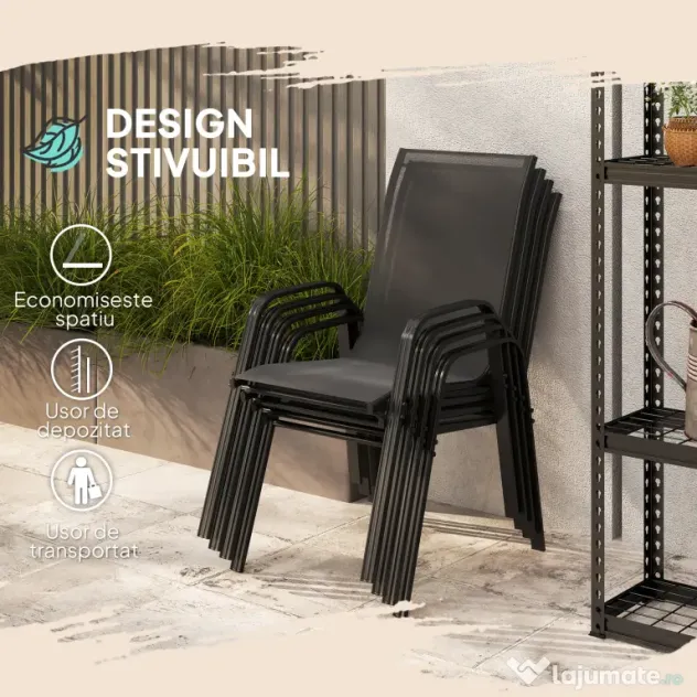 Outsunny Set 6 Piese Scaune de Gradina cu Cotiere, Scaune de Exterior Stivuibile din Metal si Tesatura Respirabila, Maro | Aosom Romania
