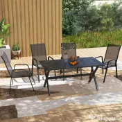 Outsunny Set 6 Piese Scaune de Gradina cu Cotiere, Scaune de Exterior Stivuibile din Metal si Tesatura Respirabila, Maro | Aosom Romania 