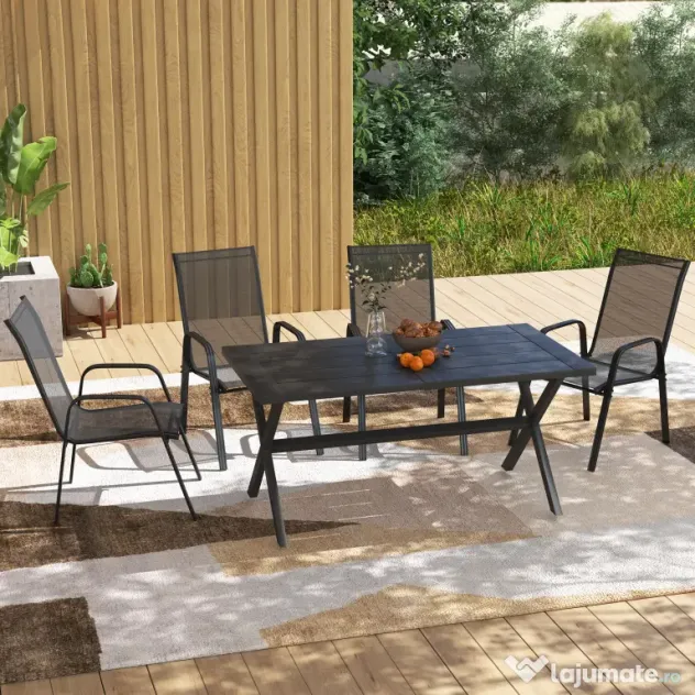 Outsunny Set 6 Piese Scaune de Gradina cu Cotiere, Scaune de Exterior Stivuibile din Metal si Tesatura Respirabila, Maro | Aosom Romania