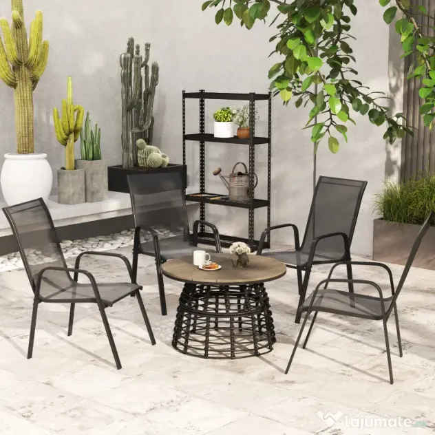Outsunny Set 6 Piese Scaune de Gradina cu Cotiere, Scaune de Exterior Stivuibile din Metal si Tesatura Respirabila, Maro | Aosom Romania