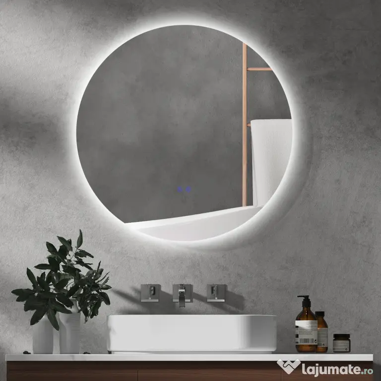 kleankin Oglindă de Baie Rotundă cu Lumină LED în 3 Culori și Întrerupătoare Touch, Ø70x3,5 cm, Transparet | Aosom Romania