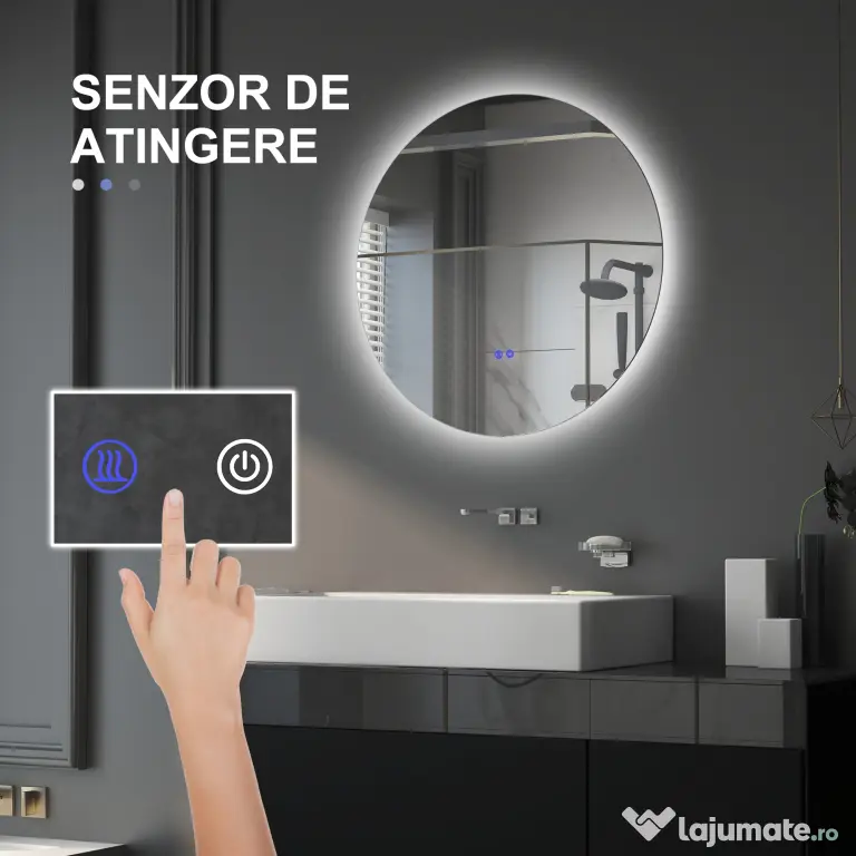 kleankin Oglindă de Baie Rotundă cu Lumină LED în 3 Culori și Întrerupătoare Touch, Ø70x3,5 cm, Transparet | Aosom Romania