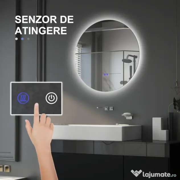 kleankin Oglindă de Baie Rotundă cu Lumină LED în 3 Culori și Întrerupătoare Touch, Ø70x3,5 cm, Transparet | Aosom Romania
