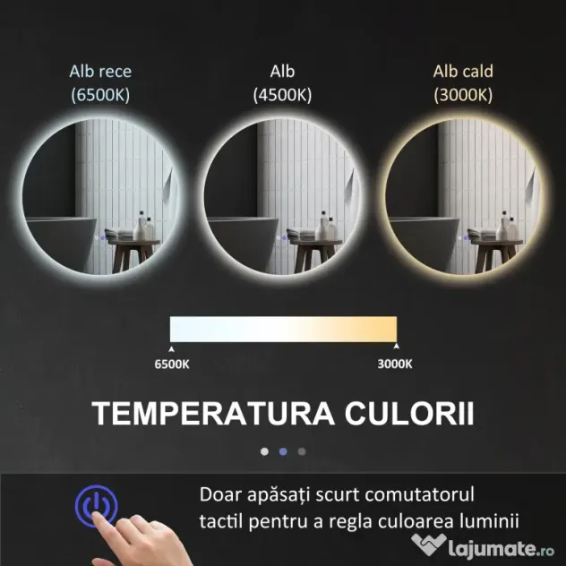 kleankin Oglindă de Baie Rotundă cu Lumină LED în 3 Culori și Întrerupătoare Touch, Ø70x3,5 cm, Transparet | Aosom Romania