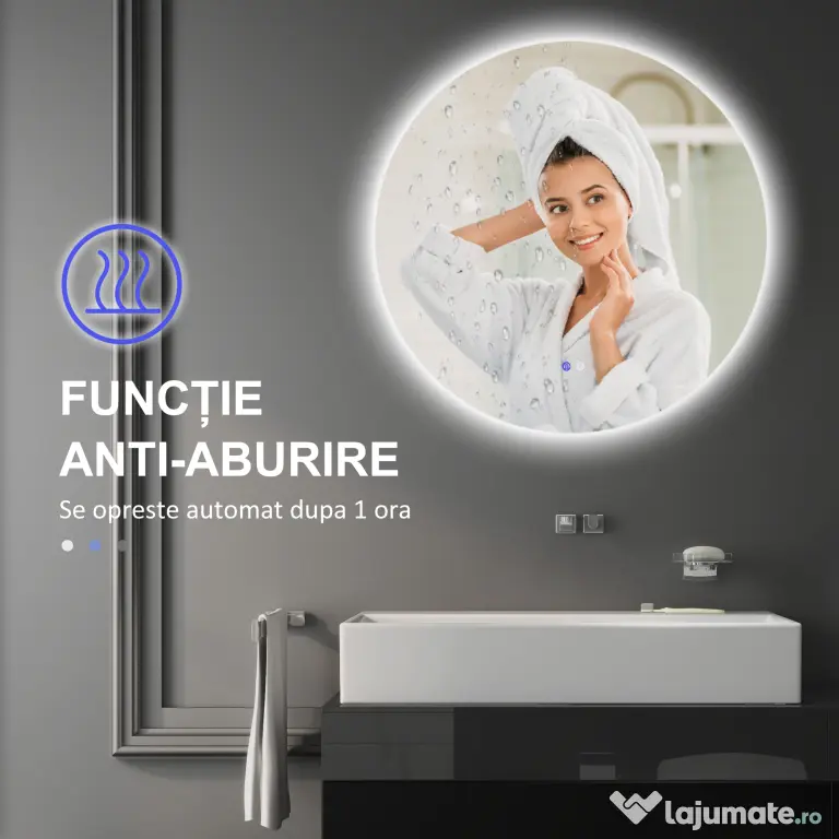 kleankin Oglindă de Baie Rotundă cu Lumină LED în 3 Culori și Întrerupătoare Touch, Ø70x3,5 cm, Transparet | Aosom Romania