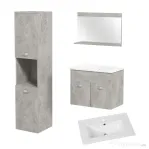 Set de Mobilier de Baie din 3 Piese, Montare pe Perete, cu Dulap cu Oglinda, Dulap de Depozitare Inalt, Gri Kleankin | Aosom Romania