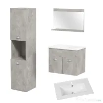 Set de Mobilier de Baie din 3 Piese, Montare pe Perete, cu Dulap cu Oglinda, Dulap de Depozitare Inalt, Gri Kleankin | Aosom Romania