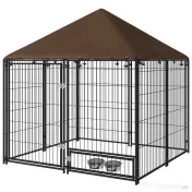 PawHut Gard pentru Câini din Metal cu Ușă pentru Boluri, Gard pentru Câini de Exterior cu Acoperiș, 141x141x151 cm, Negru și Maro 