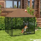PawHut Gard pentru Câini din Metal cu Ușă pentru Boluri, Gard pentru Câini de Exterior cu Acoperiș, 141x141x151 cm, Negru și Maro 