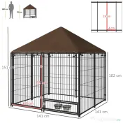 PawHut Gard pentru Câini din Metal cu Ușă pentru Boluri, Gard pentru Câini de Exterior cu Acoperiș, 141x141x151 cm, Negru și Maro 
