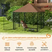 PawHut Gard pentru Câini din Metal cu Ușă pentru Boluri, Gard pentru Câini de Exterior cu Acoperiș, 141x141x151 cm, Negru și Maro 