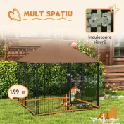 PawHut Gard pentru Câini din Metal cu Ușă pentru Boluri, Gard pentru Câini de Exterior cu Acoperiș, 141x141x151 cm, Negru și Maro 