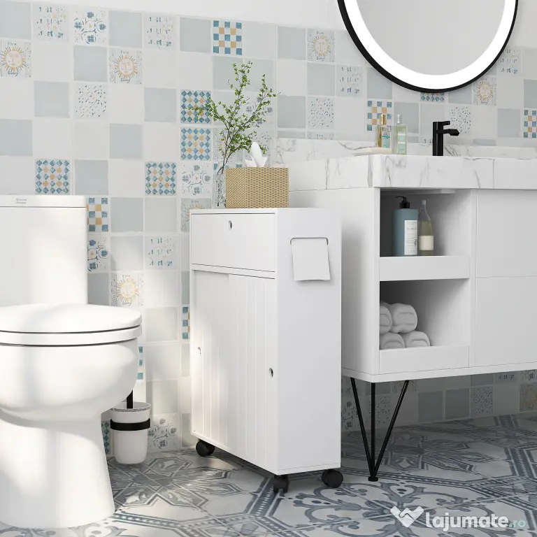 kleankin Corp de depozitare toaletă/baie cu locaș pentru hârtie igienică pe roți - 52 x 17 x 67 cm alb | Aosom Romania