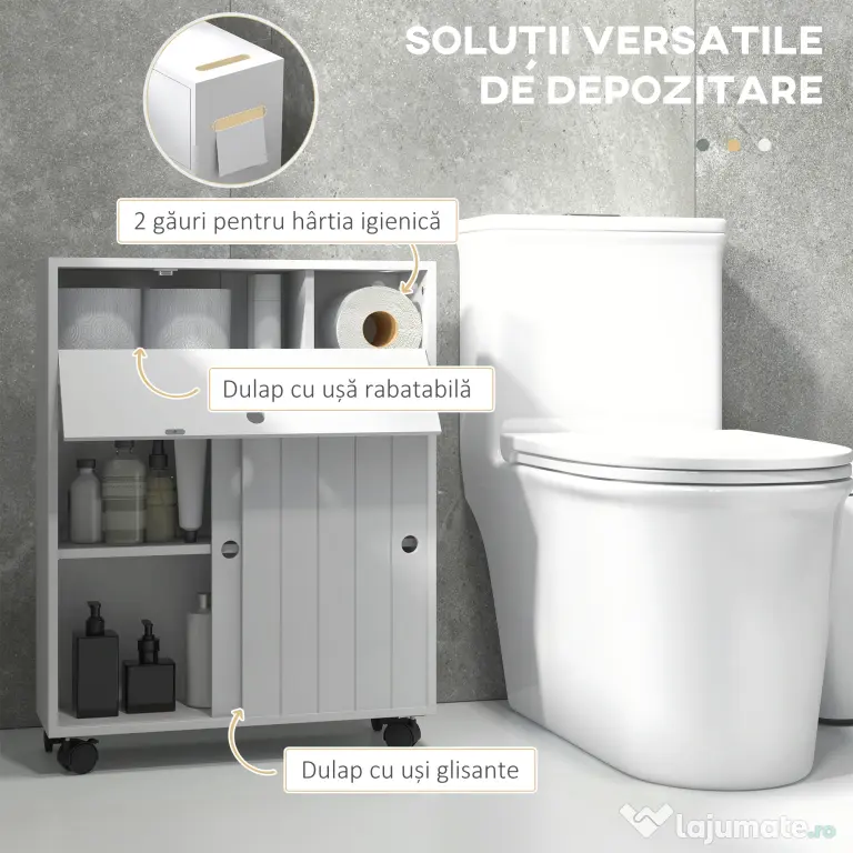 kleankin Corp de depozitare toaletă/baie cu locaș pentru hârtie igienică pe roți - 52 x 17 x 67 cm alb | Aosom Romania