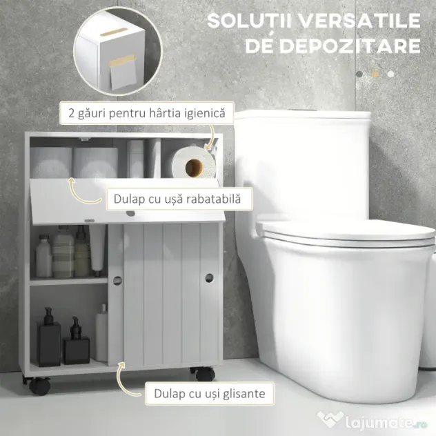 kleankin Corp de depozitare toaletă/baie cu locaș pentru hârtie igienică pe roți - 52 x 17 x 67 cm alb | Aosom Romania