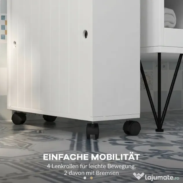 kleankin Corp de depozitare toaletă/baie cu locaș pentru hârtie igienică pe roți - 52 x 17 x 67 cm alb | Aosom Romania