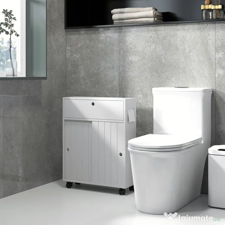 kleankin Corp de depozitare toaletă/baie cu locaș pentru hârtie igienică pe roți - 52 x 17 x 67 cm alb | Aosom Romania