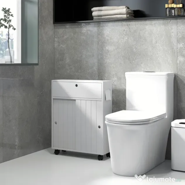kleankin Corp de depozitare toaletă/baie cu locaș pentru hârtie igienică pe roți - 52 x 17 x 67 cm alb | Aosom Romania