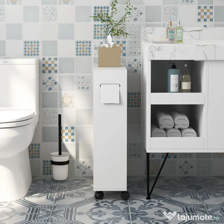 kleankin Corp de depozitare toaletă/baie cu locaș pentru hârtie igienică pe roți - 52 x 17 x 67 cm alb | Aosom Romania