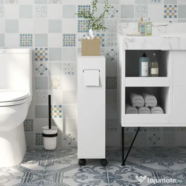 kleankin Corp de depozitare toaletă/baie cu locaș pentru hârtie igienică pe roți - 52 x 17 x 67 cm alb | Aosom Romania