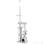 PawHut Copac Scratcher pentru Pisici la Tavan cu Platforme și Căsuță, 60x40x225-255cm, Gri