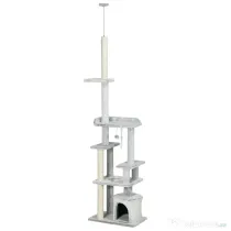 PawHut Copac Scratcher pentru Pisici la Tavan cu Platforme și Căsuță, 60x40x225-255cm, Gri