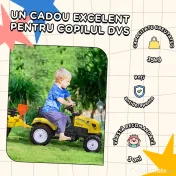 HOMCOM Tractor de Pedalat pentru Copii de 3+ Ani cu Remorcă, Greblă, Lopată și Claxon, 133x42x51 cm, Galben | Aosom Romania