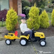 HOMCOM Tractor de Pedalat pentru Copii de 3+ Ani cu Remorcă, Greblă, Lopată și Claxon, 133x42x51 cm, Galben | Aosom Romania