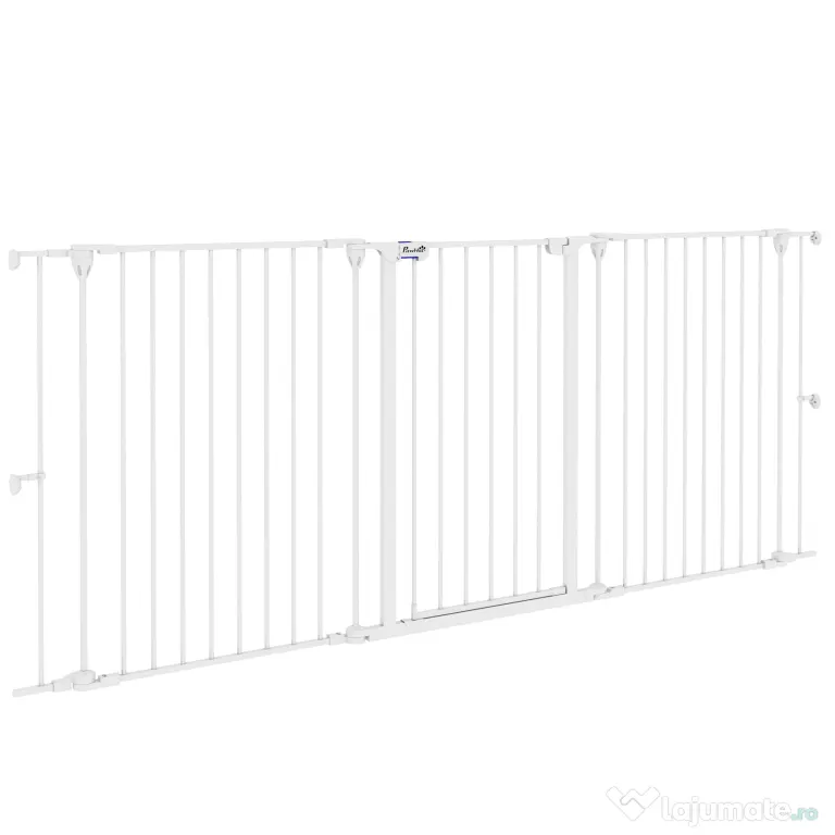 PawHut Poartă pentru Câini cu 3 Panouri și Sistem Dublu de Închidere, Barieră pentru Câini pentru Scări, Uși, Holuri, 206x90 cm, Alb | Aosom Romania