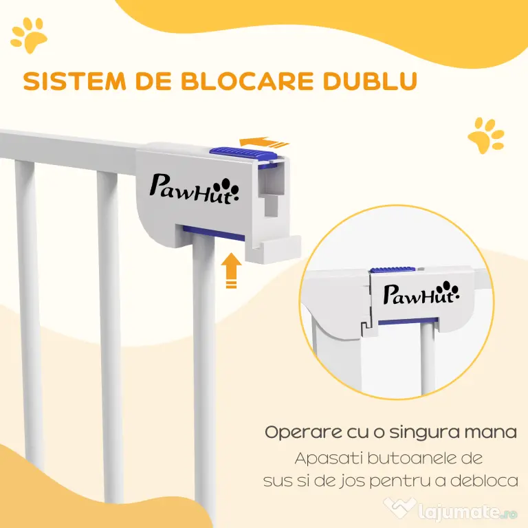 PawHut Poartă pentru Câini cu 3 Panouri și Sistem Dublu de Închidere, Barieră pentru Câini pentru Scări, Uși, Holuri, 206x90 cm, Alb | Aosom Romania
