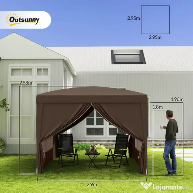 Outsunny Pavilion Pliabil cu 2 Uși, 2 Ferestre, 4 Panouri Laterale și Geantă de Transport, 2.95x2.95x2.58 m, Cafeniu | Aosom Romania