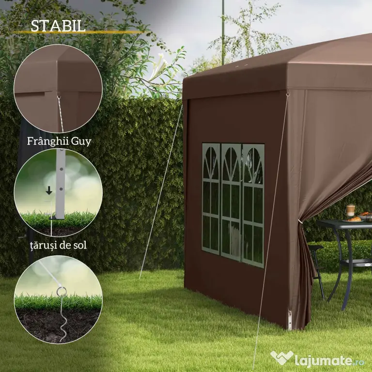 Outsunny Pavilion Pliabil cu 2 Uși, 2 Ferestre, 4 Panouri Laterale și Geantă de Transport, 2.95x2.95x2.58 m, Cafeniu | Aosom Romania