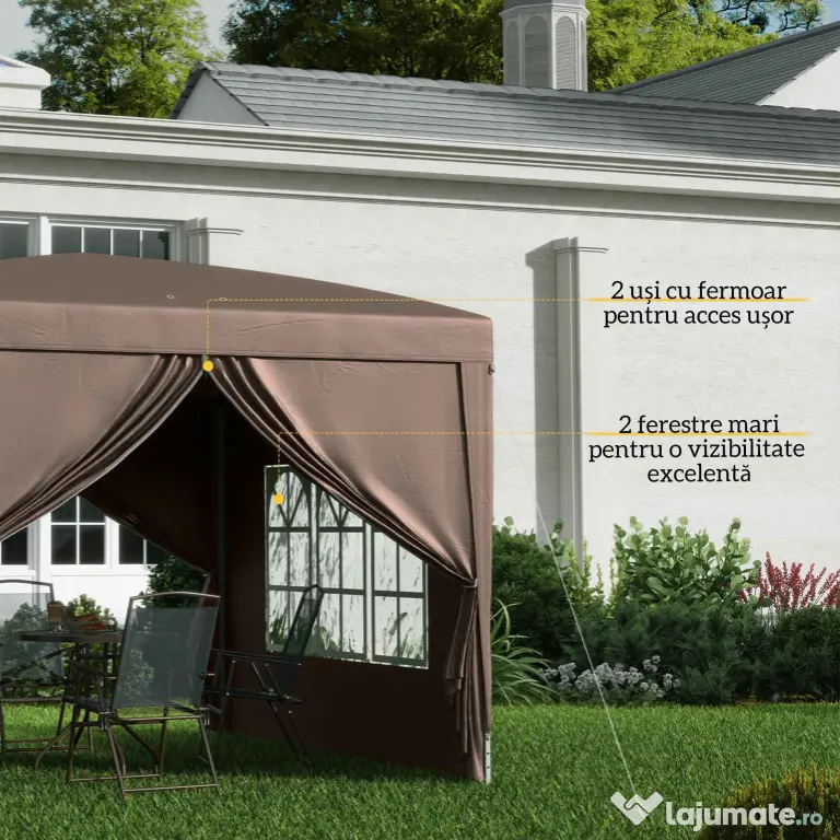 Outsunny Pavilion Pliabil cu 2 Uși, 2 Ferestre, 4 Panouri Laterale și Geantă de Transport, 2.95x2.95x2.58 m, Cafeniu | Aosom Romania