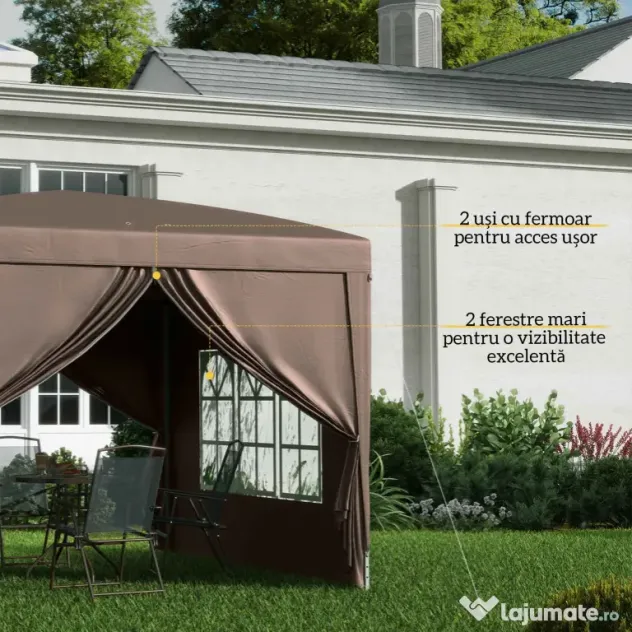 Outsunny Pavilion Pliabil cu 2 Uși, 2 Ferestre, 4 Panouri Laterale și Geantă de Transport, 2.95x2.95x2.58 m, Cafeniu | Aosom Romania