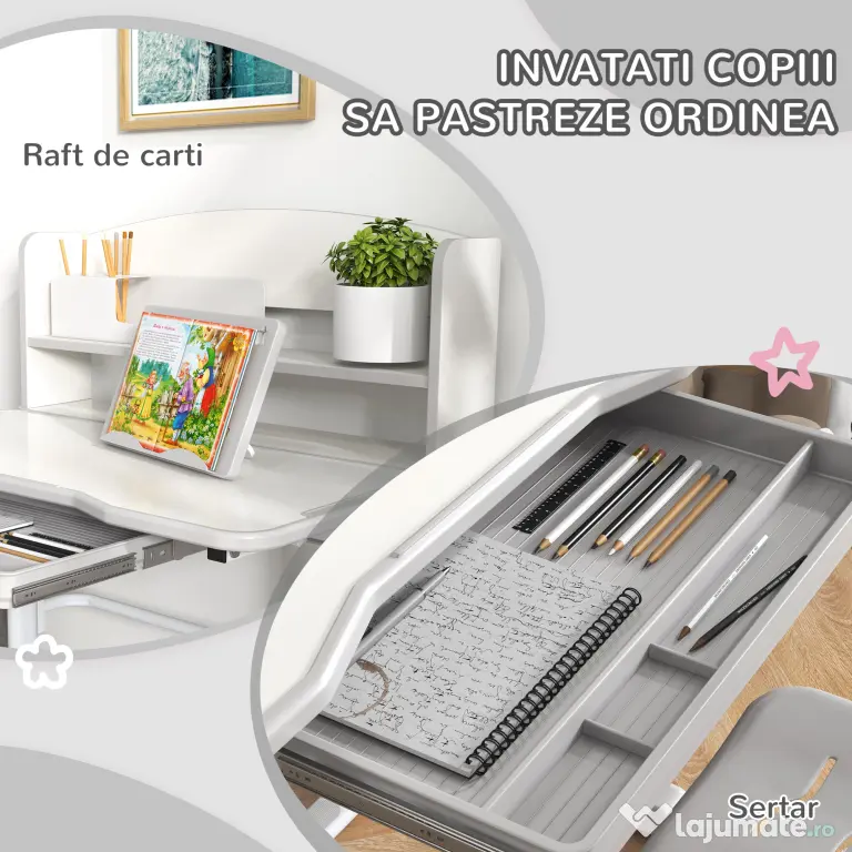 Set Birou pentru Copii Reglabil in Inaltime cu Sertar, Raft pentru Carti, Masa cu Unghi Reglabil, pentru 6-12 ani - Gri ZONEKIZ | Aosom Romania