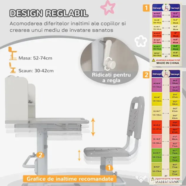 Set Birou pentru Copii Reglabil in Inaltime cu Sertar, Raft pentru Carti, Masa cu Unghi Reglabil, pentru 6-12 ani - Gri ZONEKIZ | Aosom Romania