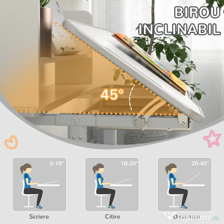 Set Birou pentru Copii Reglabil in Inaltime cu Sertar, Raft pentru Carti, Masa cu Unghi Reglabil, pentru 6-12 ani - Gri ZONEKIZ | Aosom Romania